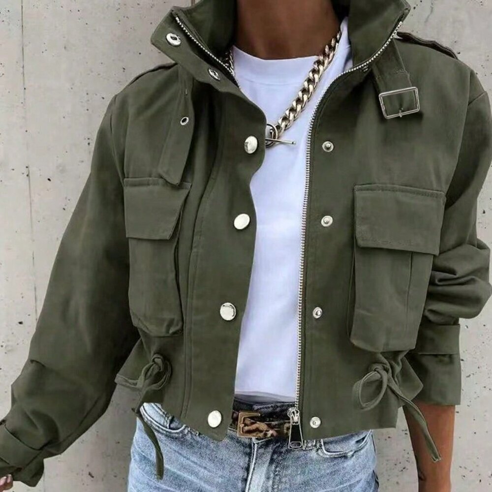 Army Green Casual Women's Short Long Sleeve Zipper Jacket with Button Detail